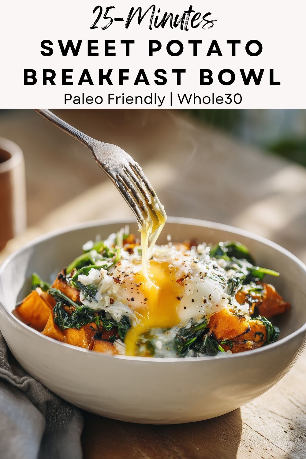 pinterest-ready image of sweet potato breakfast bowl with bacon, spinach, avocado, and fried egg on white plate