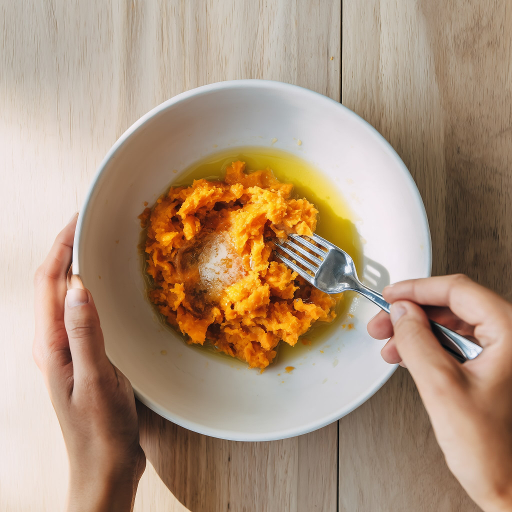 Mashing sweet potato with ghee in white bowl