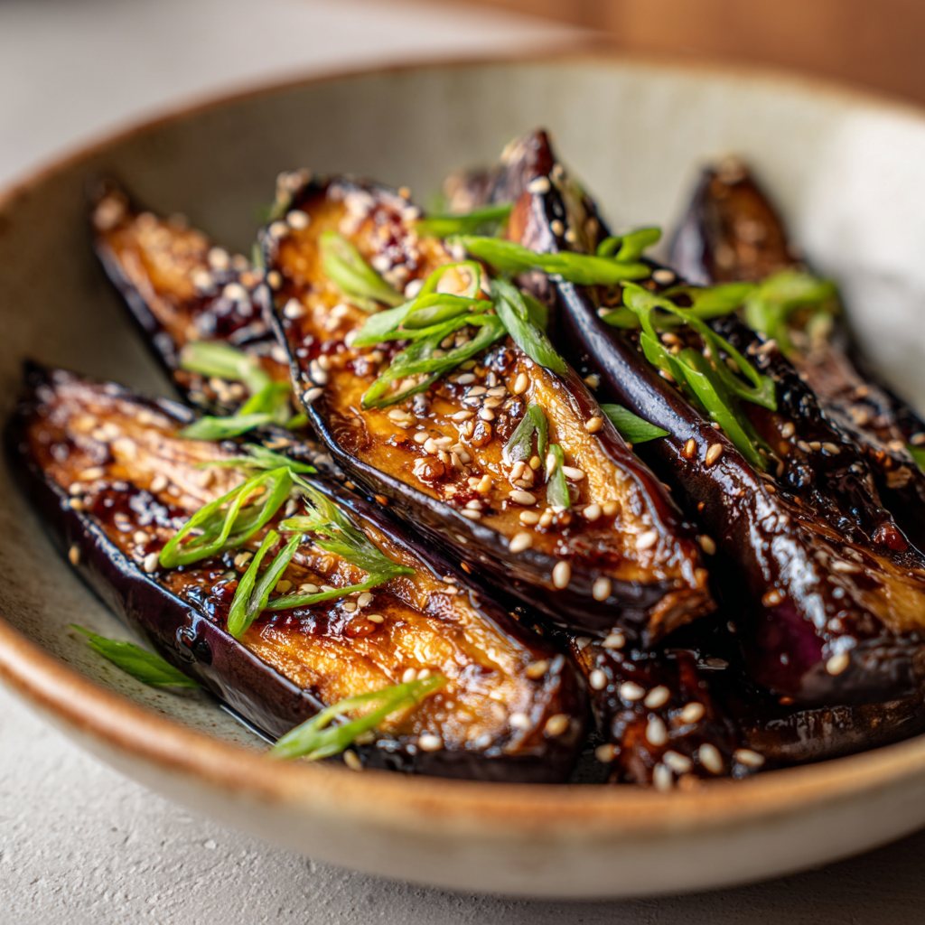 Plated miso glazed eggplant with sesame seeds and green onions on serving platter