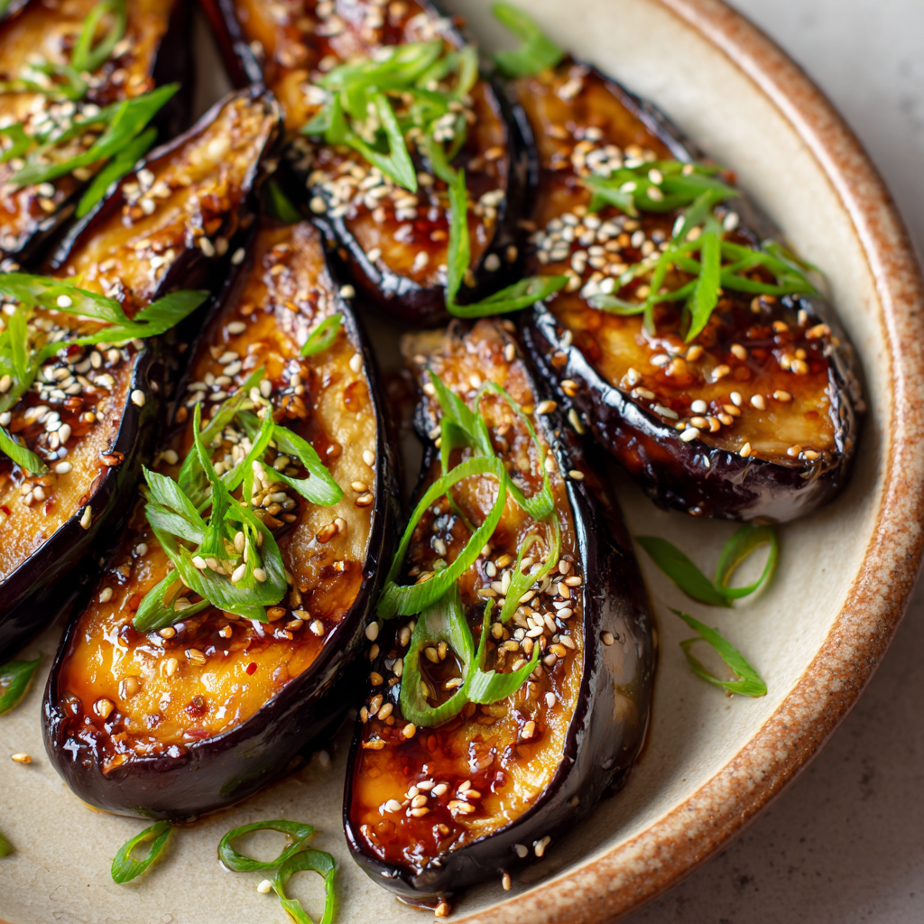 Close-up of caramelized miso glazed eggplant showing glossy glaze texture