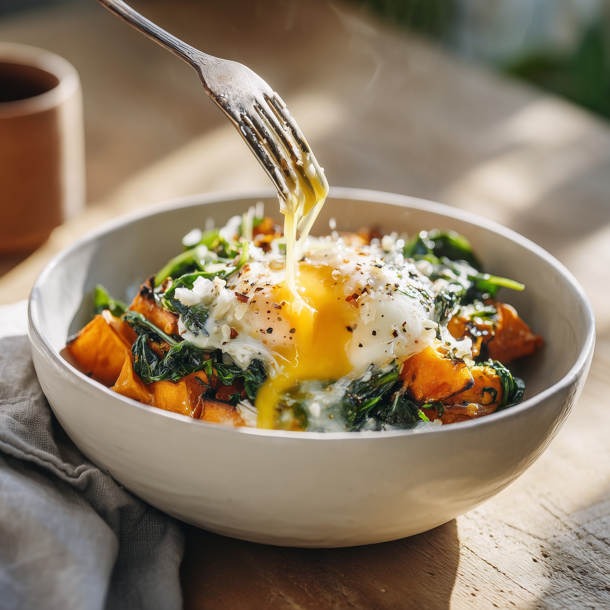Close up of sweet potato breakfast bowl with egg yolk dripping over ingredients