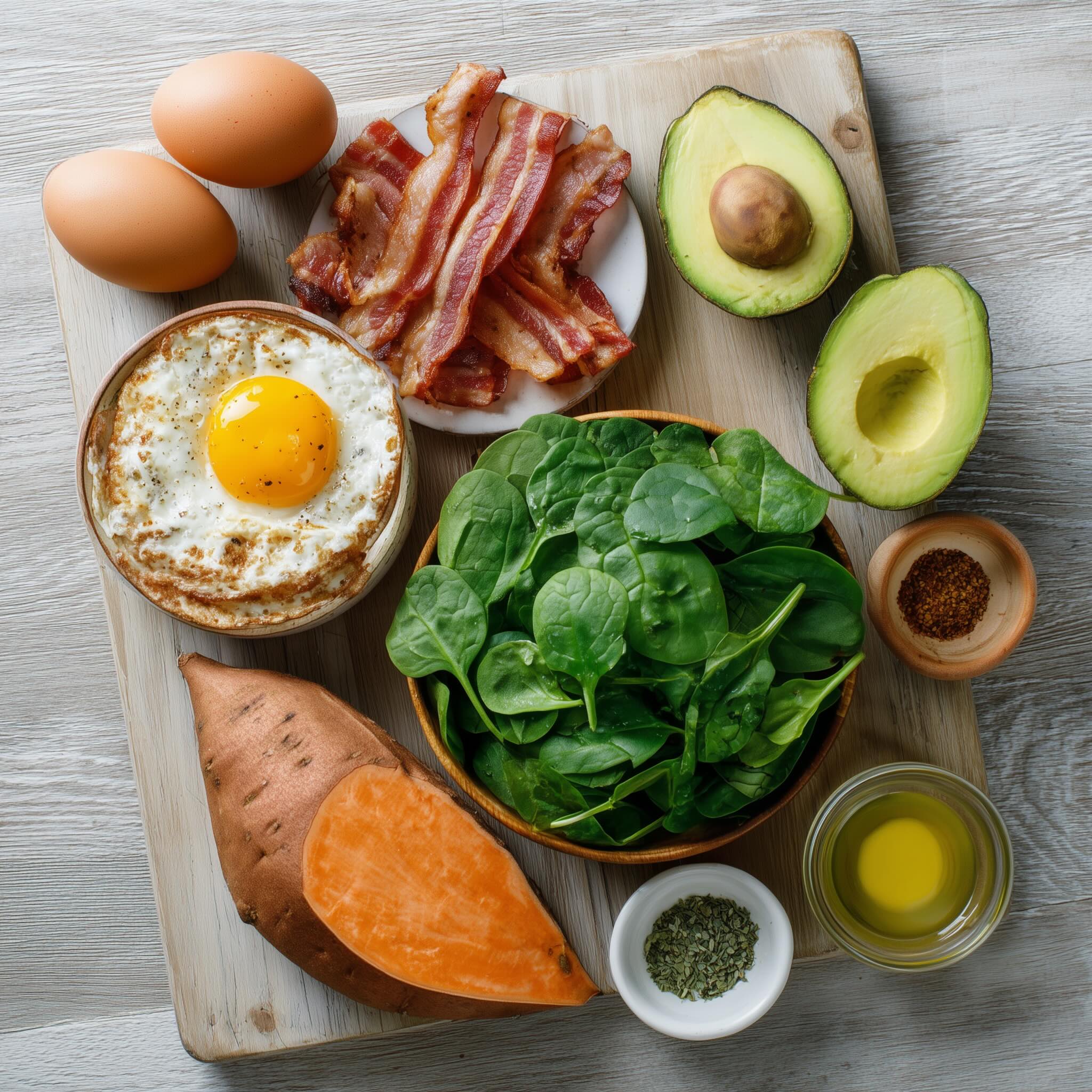 Ingredients for sweet potato breakfast bowl arranged on cutting board