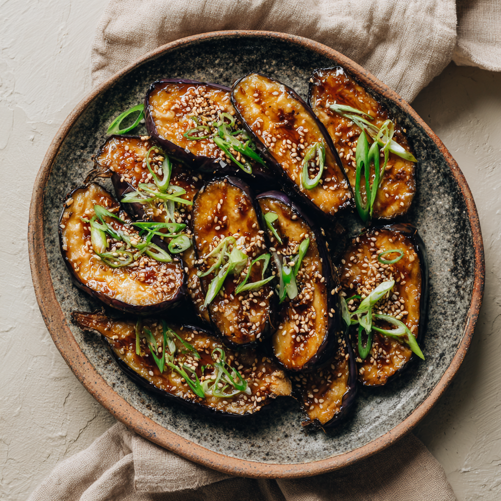 Miso glazed eggplant halves on ceramic plate with sesame seeds and green onions