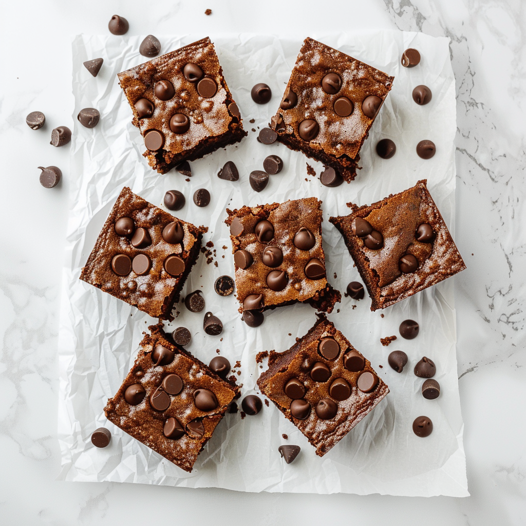 Vegan 4 ingredient pumpkin brownies arranged on parchment paper
