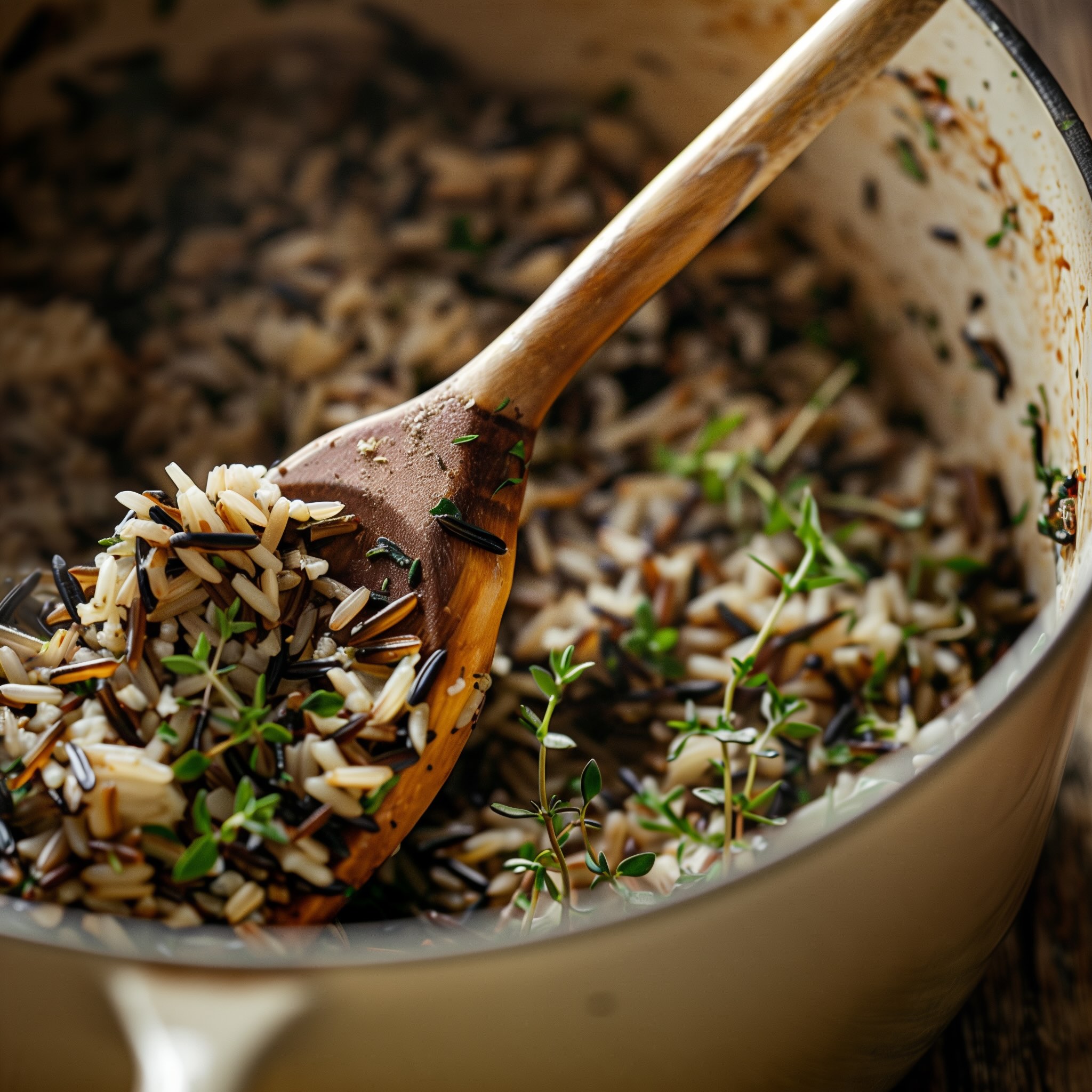 Wild rice and seasonings added to sautéed vegetables in pot