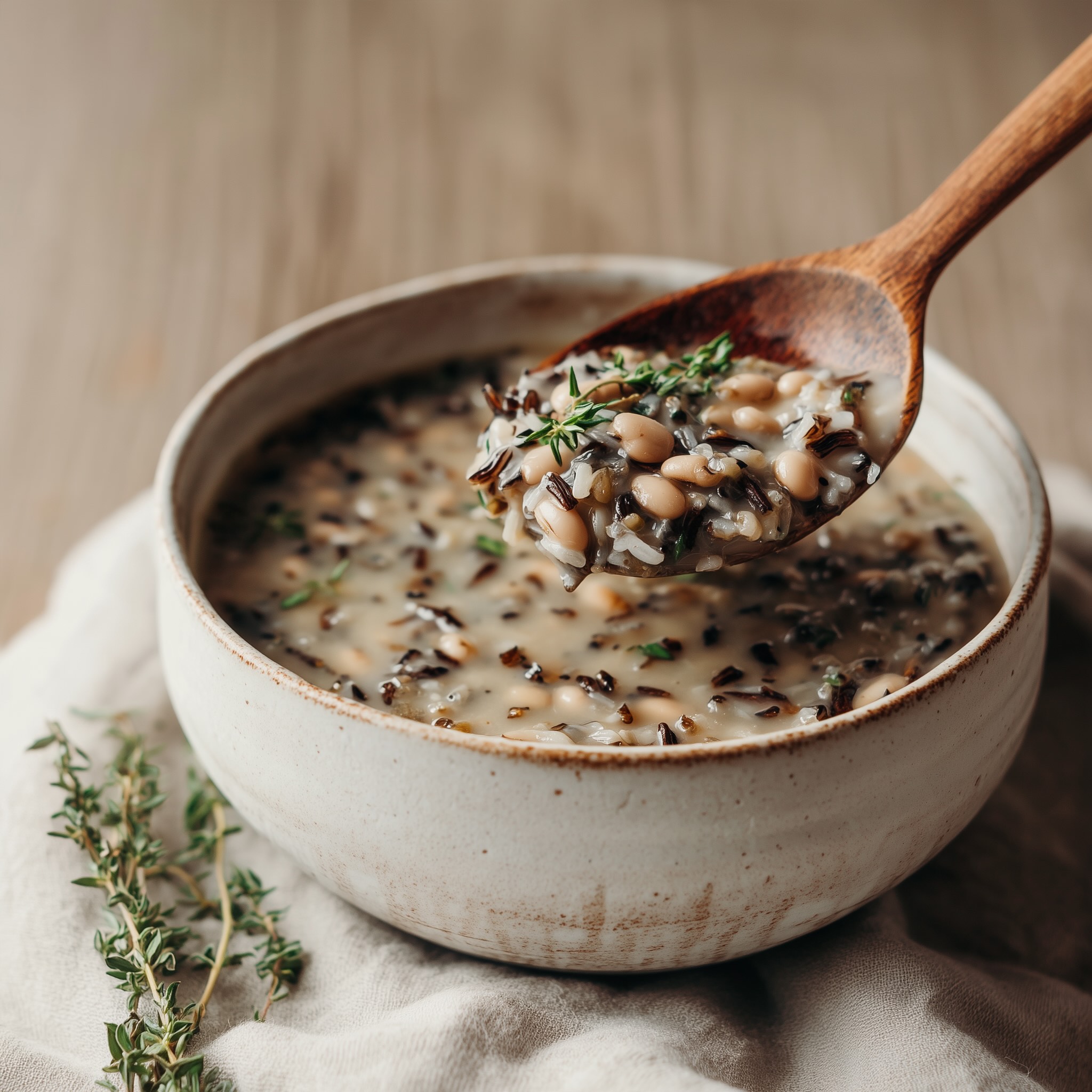 Close-up of white bean wild rice soup showing texture and ingredients