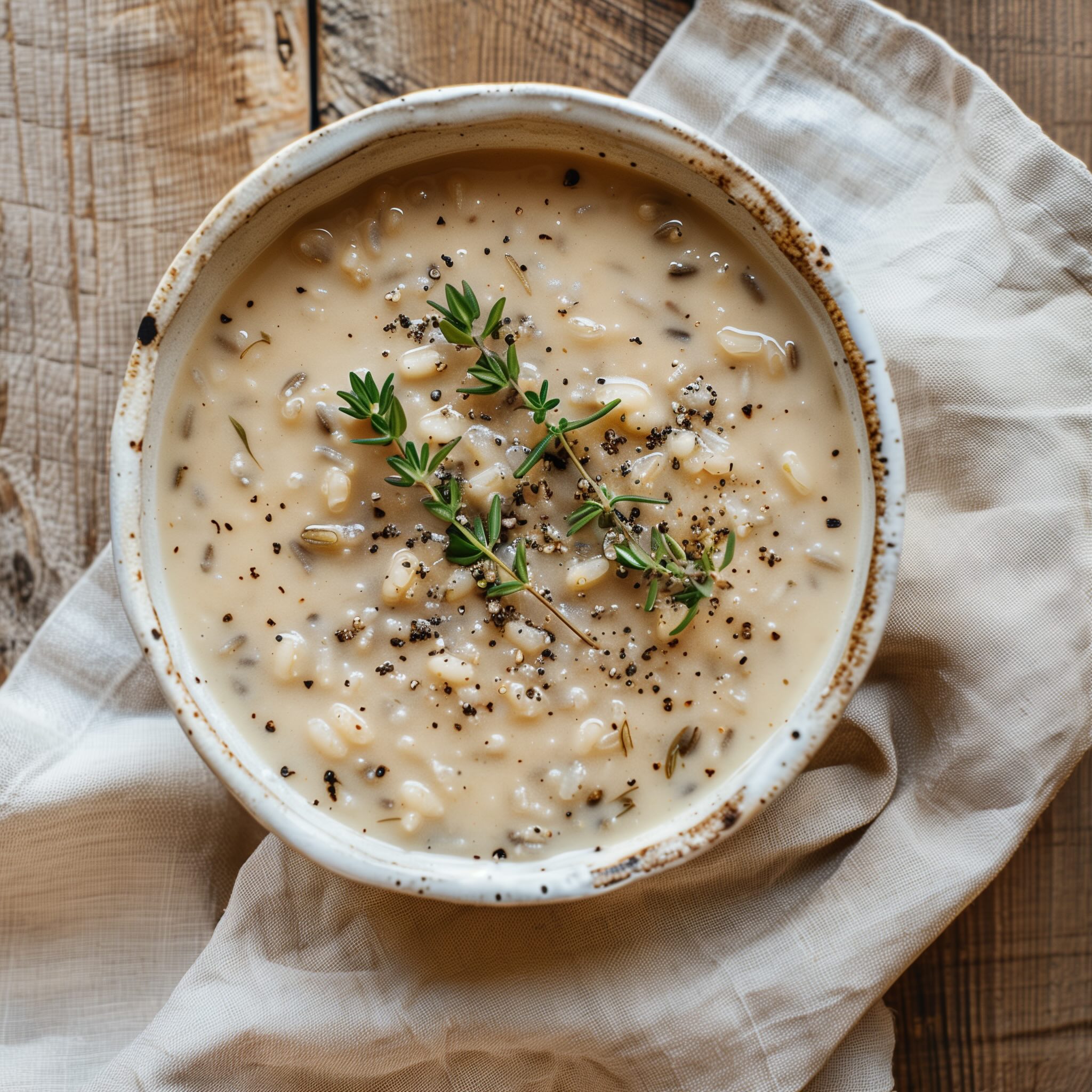 White bean wild rice soup in a white ceramic bowl garnished with fresh herbs