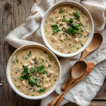Two bowls of white bean wild rice soup garnished with fresh herbs