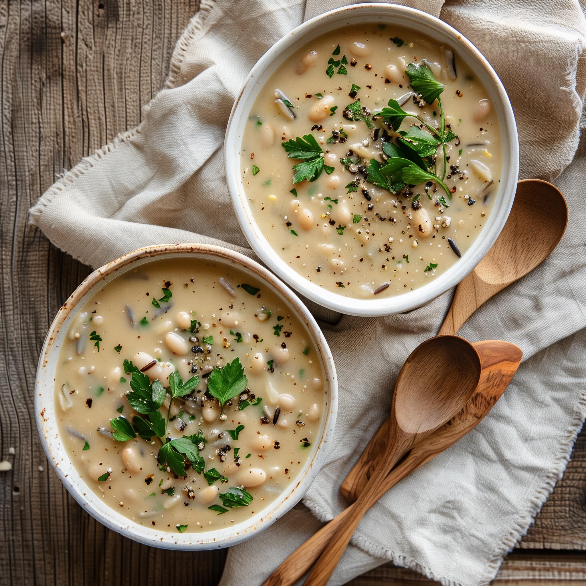 Two bowls of white bean wild rice soup garnished with fresh herbs