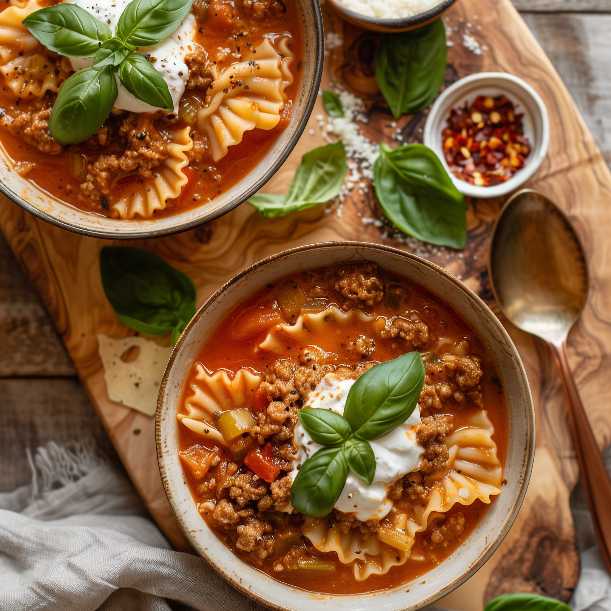 Two bowls of healthy gluten-free dairy-free lasagna soup topped with fresh basil and dairy-free ricotta