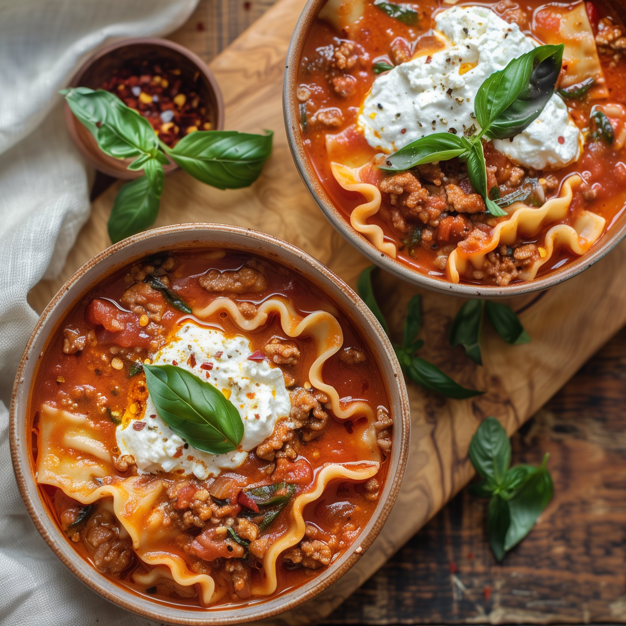 Two bowls of healthy gluten-free dairy-free lasagna soup topped with fresh basil and dairy-free ricotta