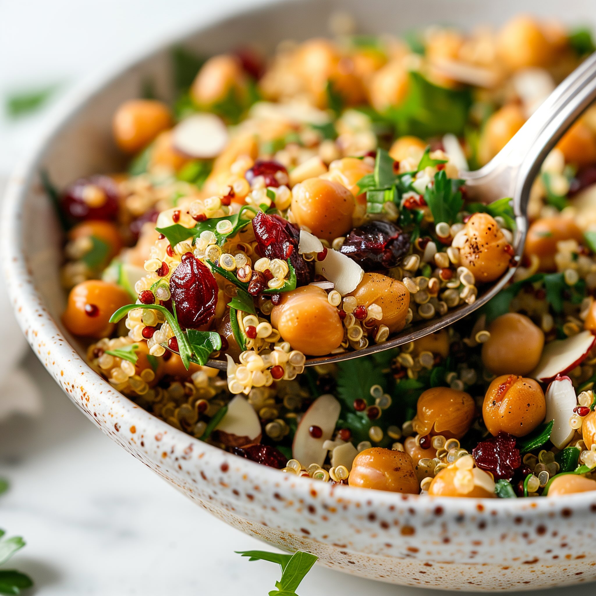 Close-up of golden Moroccan quinoa salad showing texture with chickpeas and almonds
