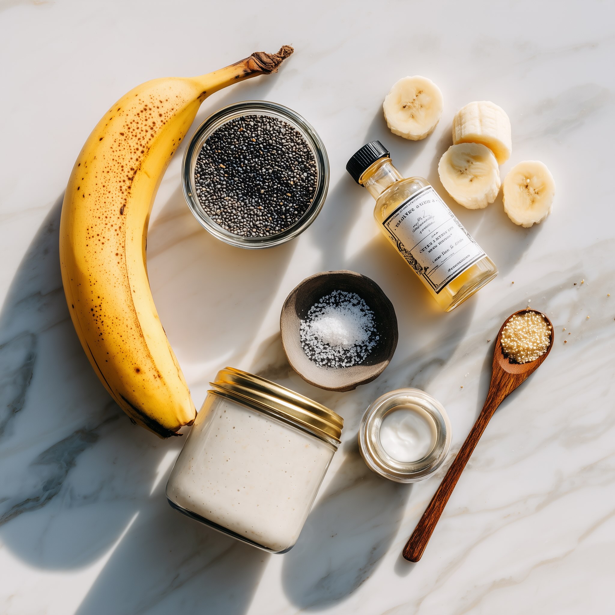 Ingredients for banana coconut milk chia pudding including chia seeds, banana, and coconut milk on white marble.