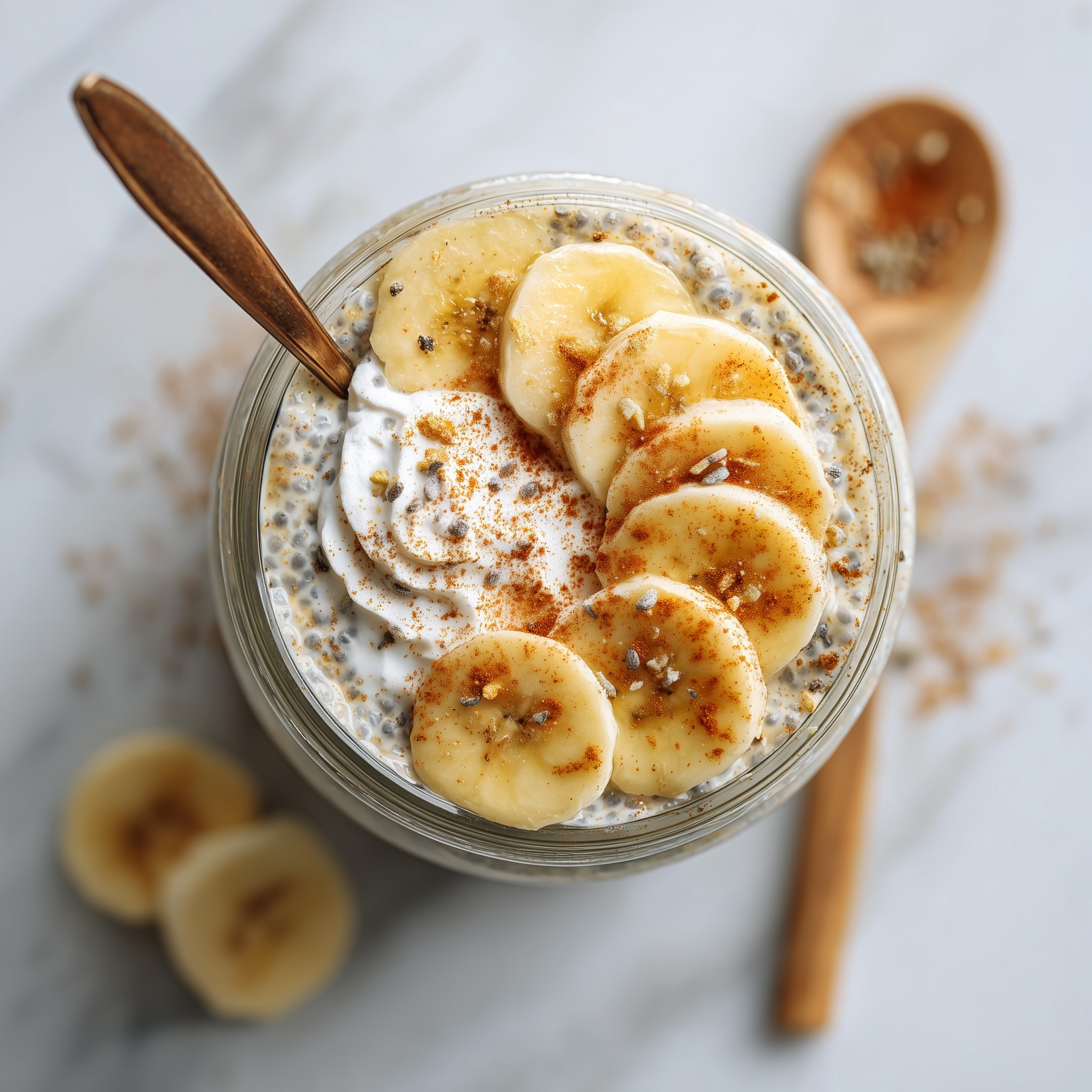 Finished banana coconut milk chia pudding in a glass jar with banana slices coconut flakes and coconut cream.