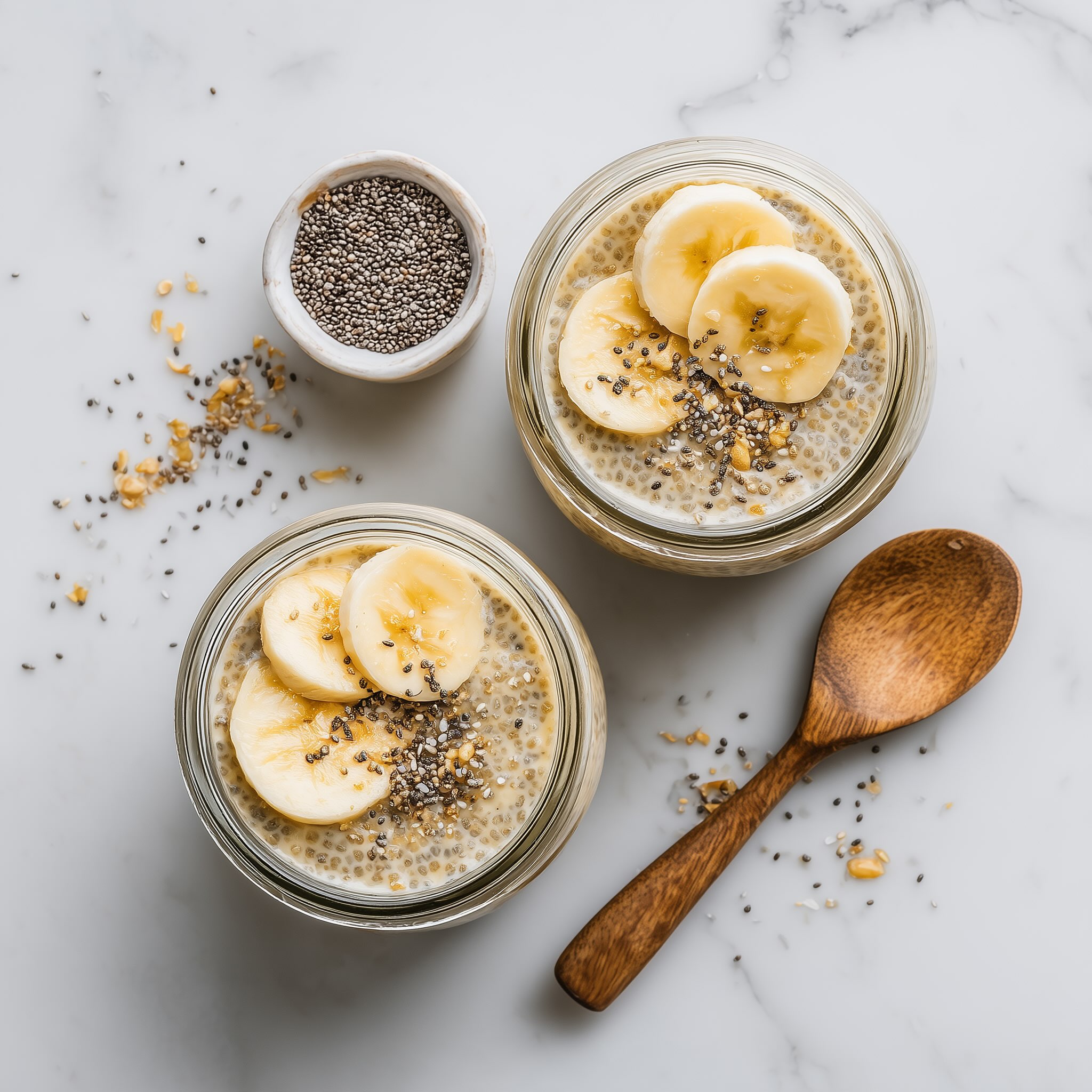Two jars of banana coconut milk chia pudding with toasted coconut flakes and banana slices overhead flat lay