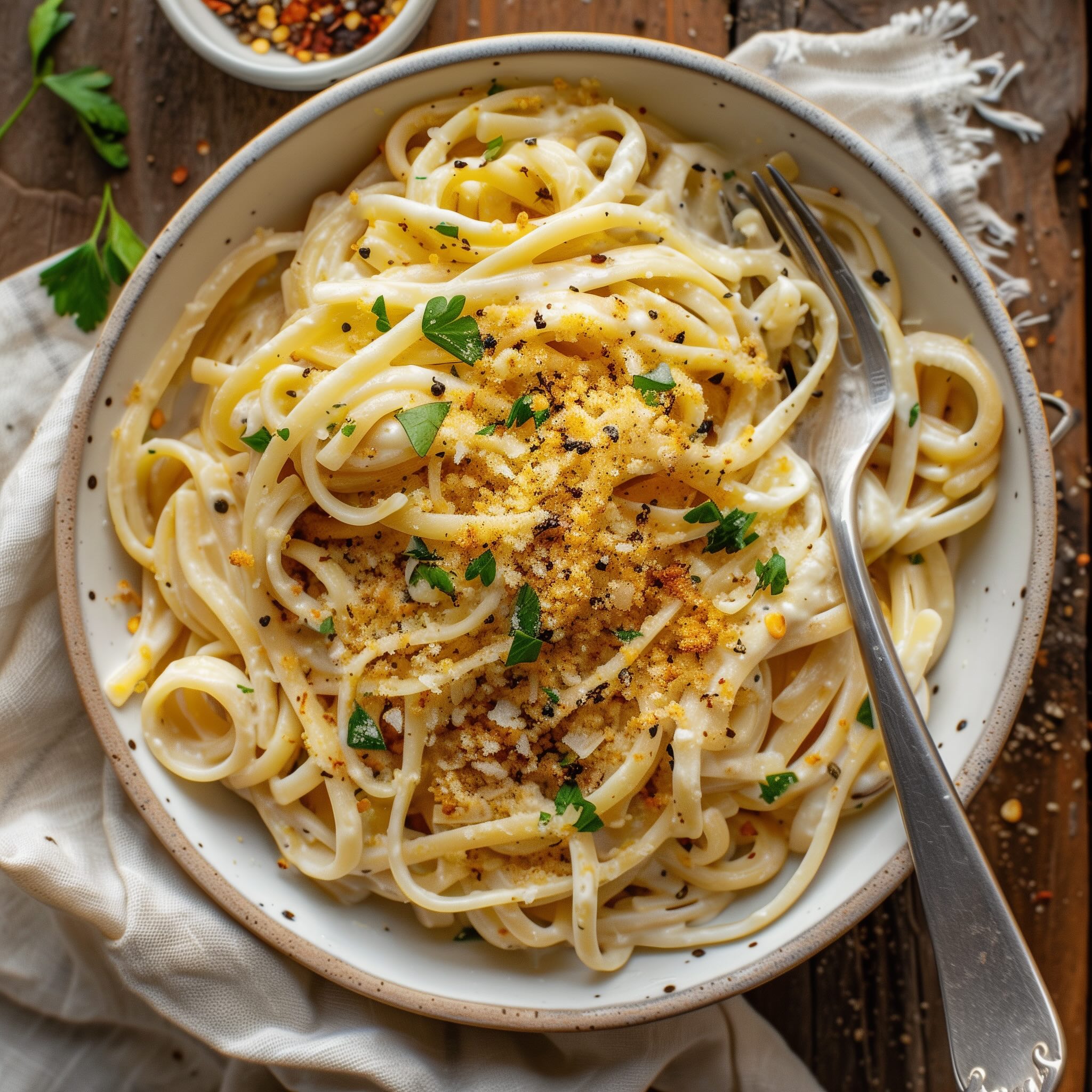 Overhead view of creamy vegan caramelized onion pasta in a white bowl topped with parsley and breadcrumbs