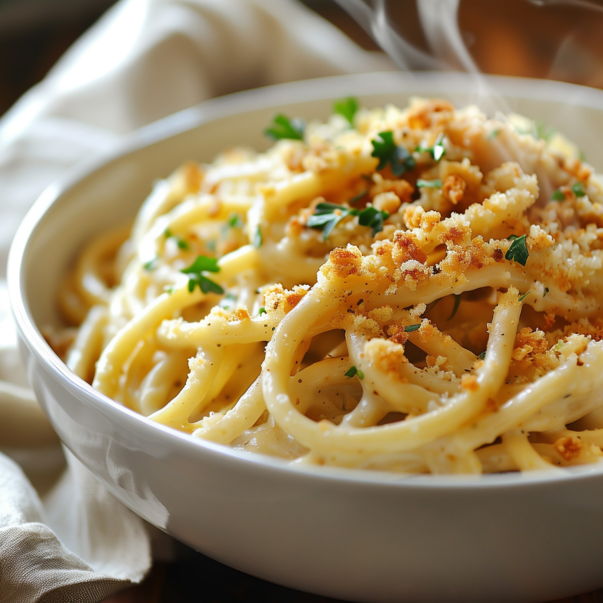 Close-up of creamy vegan caramelized onion pasta twirled in a white bowl showing golden silky sauce