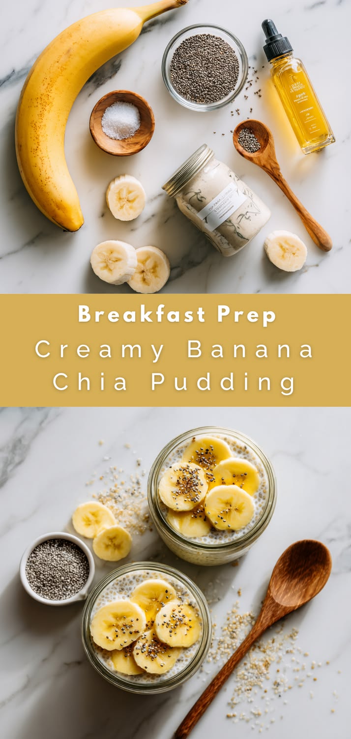 Pinterest-ready image of two jars of banana coconut milk chia pudding with toasted coconut flakes and banana slices overhead flat lay