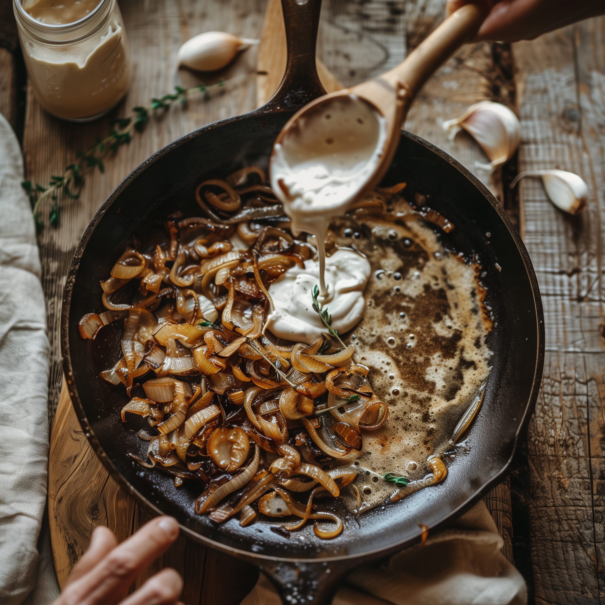 Cashew cream being poured into a skillet of golden caramelized onions to build the vegan pasta sauce