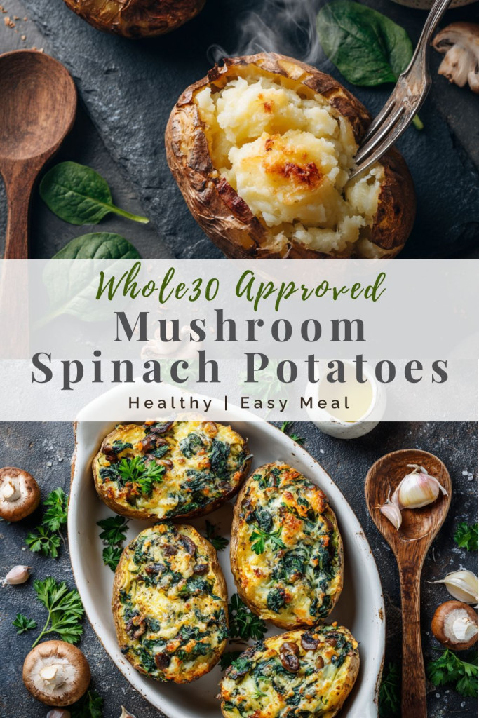 pinterest-ready image of mushroom and spinach stuffed baked potatoes