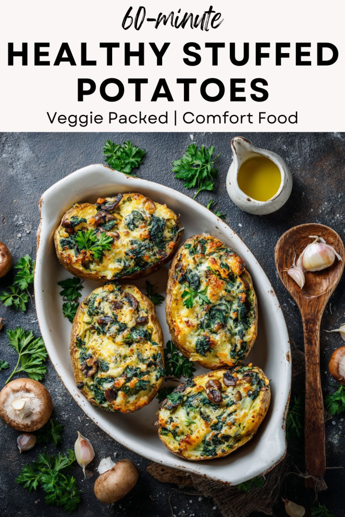 pinterest-ready image of mushroom and spinach stuffed baked potatoes