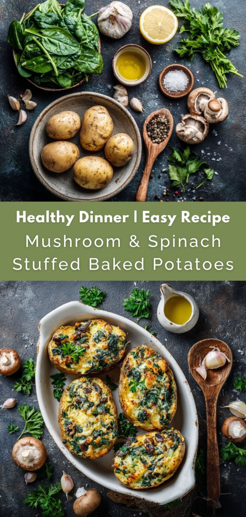 pinterest-ready image of mushroom and spinach stuffed baked potatoes