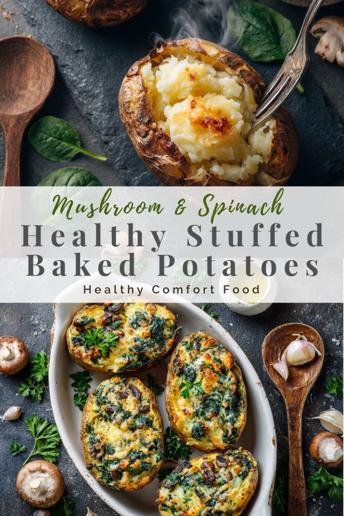 pinterest-ready image of mushroom and spinach stuffed baked potatoes