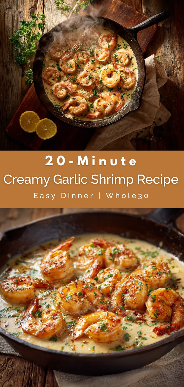 pinterest-ready image of creamy garlic shrimp finished in skillet with parsley garnish — Whole30 and paleo dinner