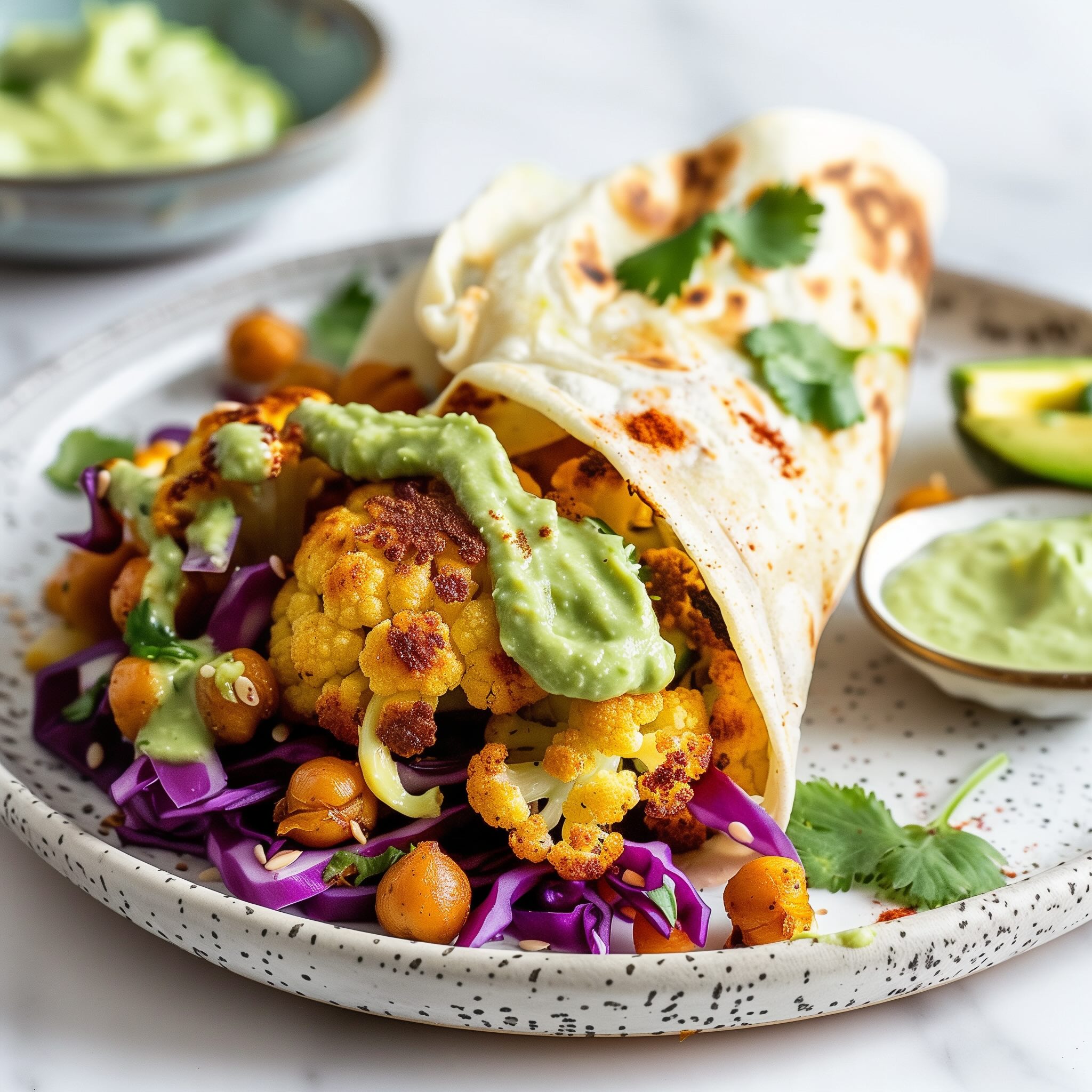 Close-up of a gluten-free chickpea cauliflower wrap with lime showing colorful roasted filling and avocado lime sauce