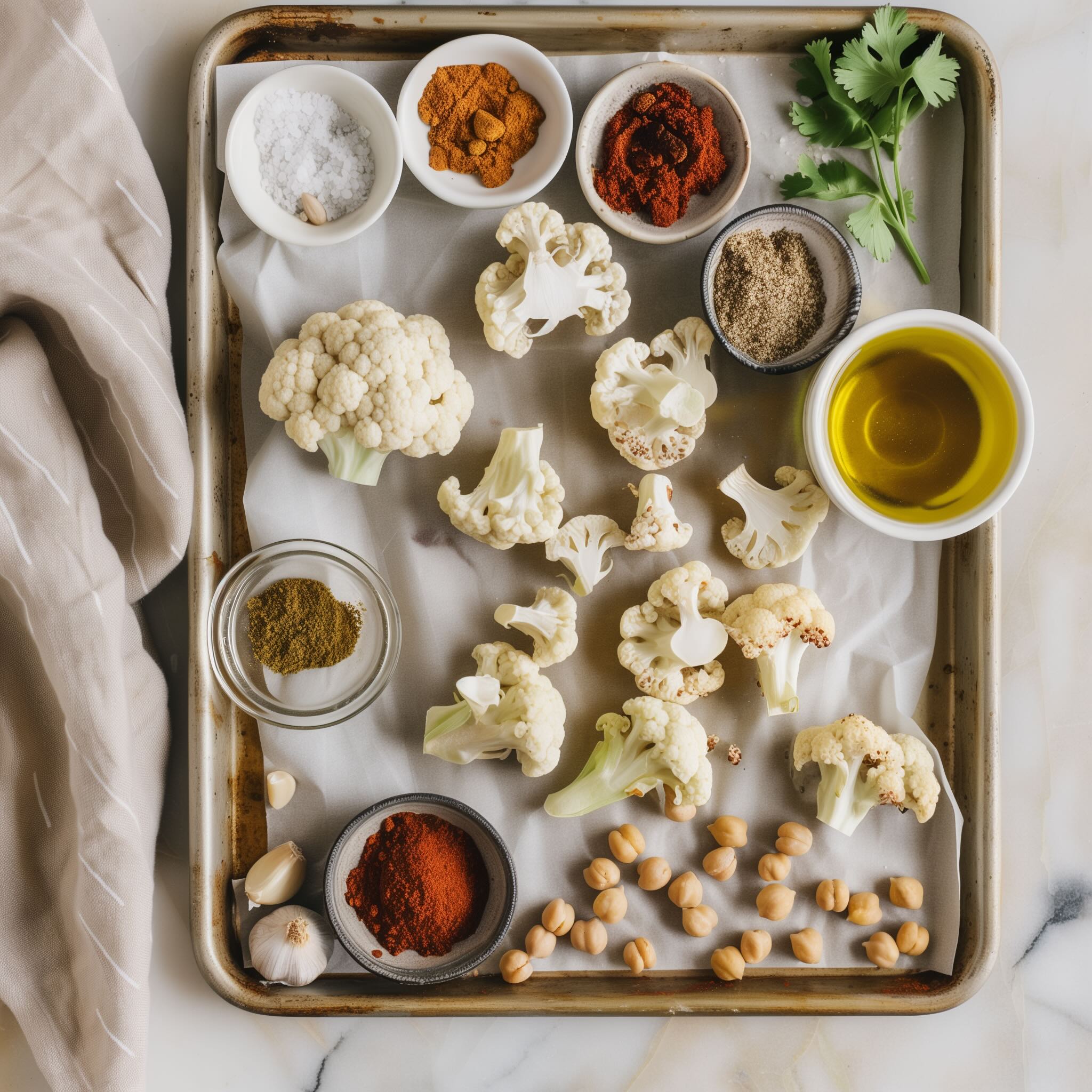 Parchment-lined baking sheet with raw cauliflower florets and chickpeas surrounded by bowls of spices and lime juice