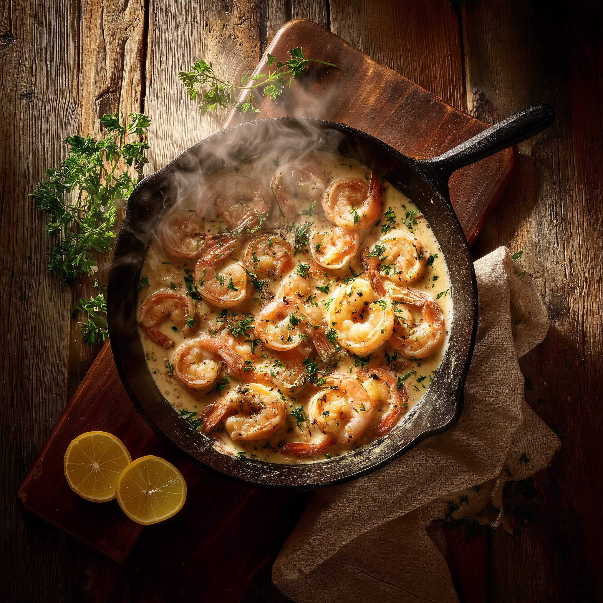 Creamy garlic shrimp finished in skillet with parsley garnish — Whole30 and paleo dinner