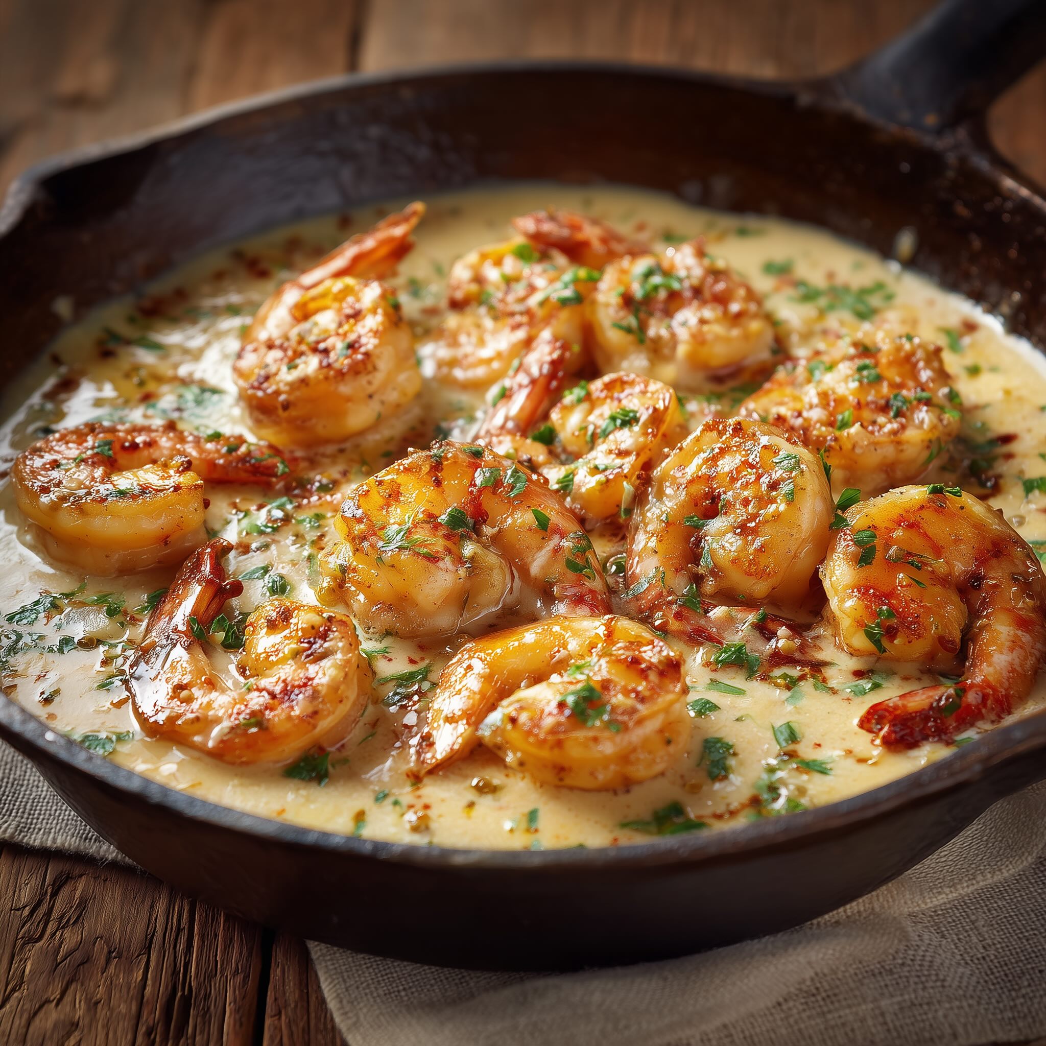 One pan creamy garlic shrimp in a cast iron skillet — Whole30 and Paleo
