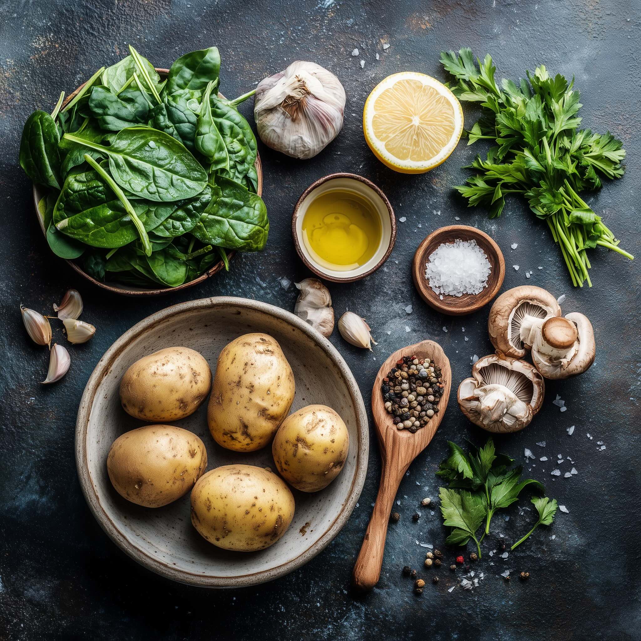 Ingredients for mushroom and spinach stuffed baked potatoes including russet potatoes cremini mushrooms baby spinach garlic and olive oil