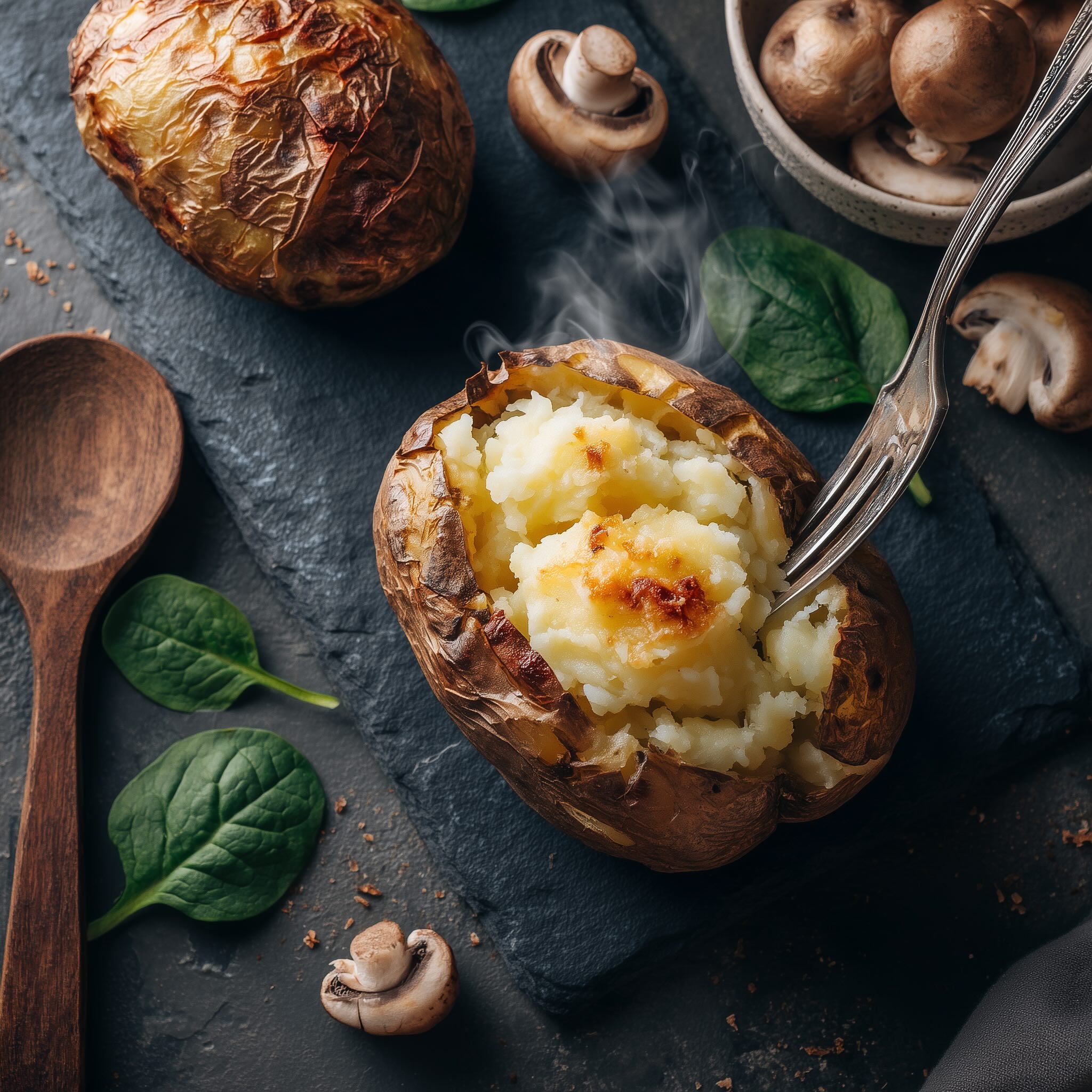 Splitting and fluffing the interior of a baked russet potato before adding the mushroom spinach filling