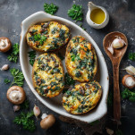 Four baked stuffed potato halves filled with spinach, mushrooms, melted cheese, and herbs in a white casserole dish, surrounded by fresh parsley, garlic cloves, mushrooms, olive oil, and a wooden spoon on a dark tabletop.