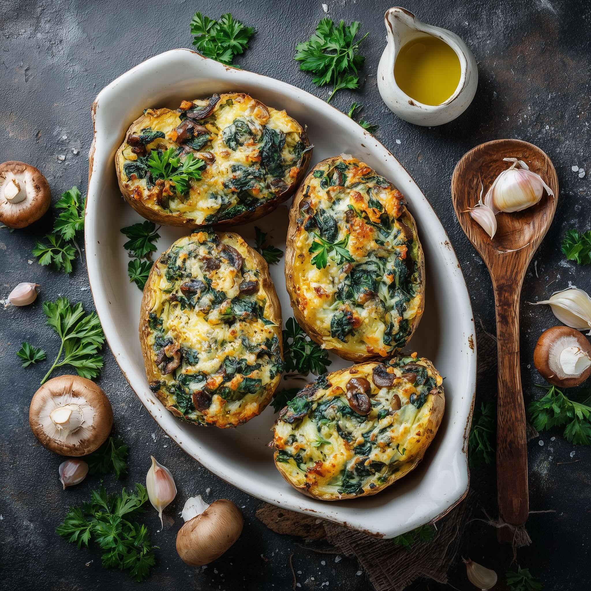 Four baked stuffed potato halves filled with spinach, mushrooms, melted cheese, and herbs in a white casserole dish, surrounded by fresh parsley, garlic cloves, mushrooms, olive oil, and a wooden spoon on a dark tabletop.