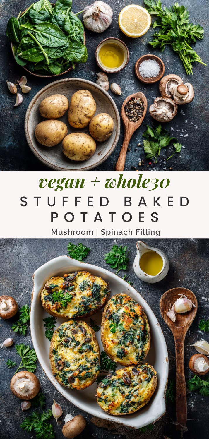 pinterest-ready image of mushroom and spinach stuffed baked potatoes