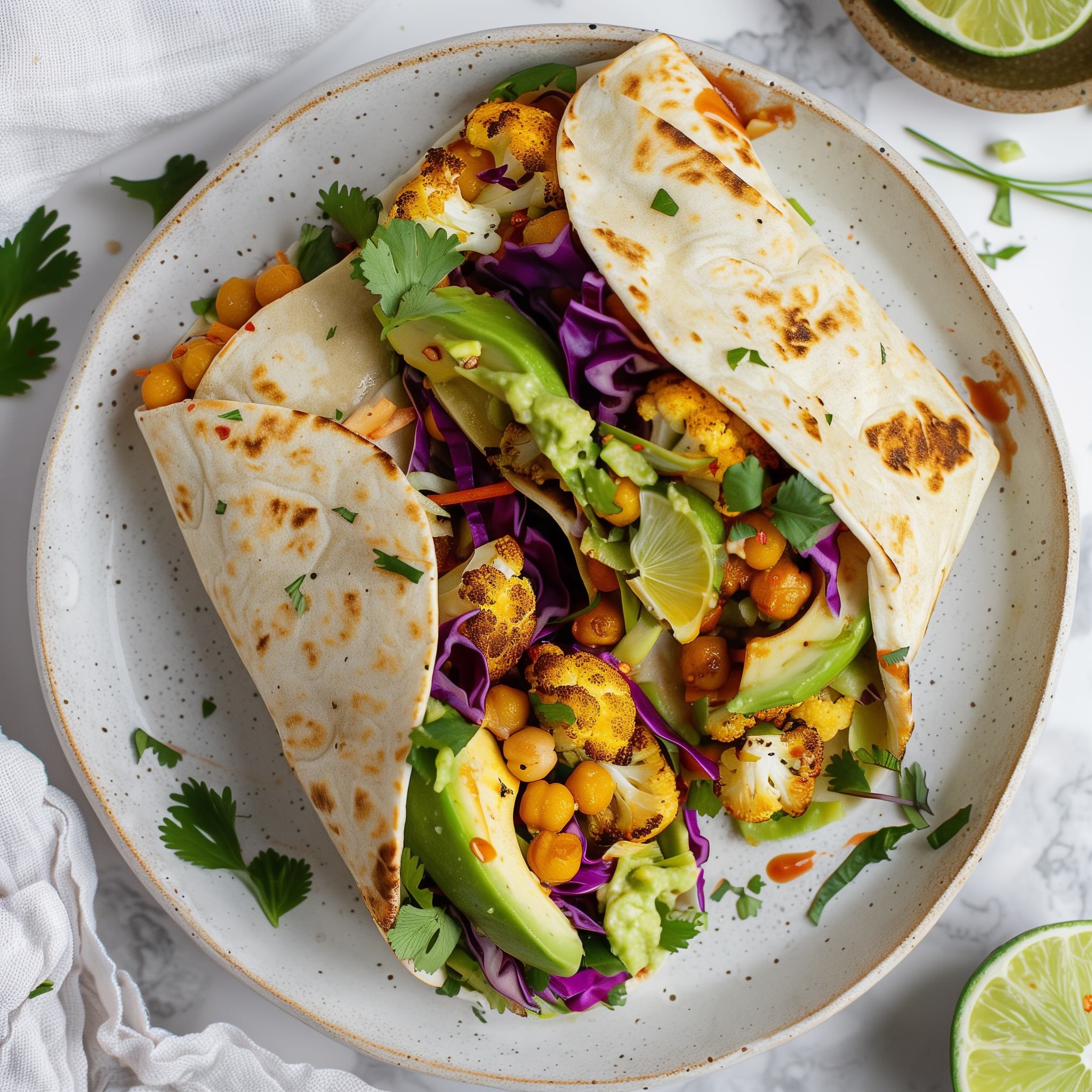 Zesty chickpea cauliflower wrap with lime sliced in half on a white ceramic plate showing the colorful filling
