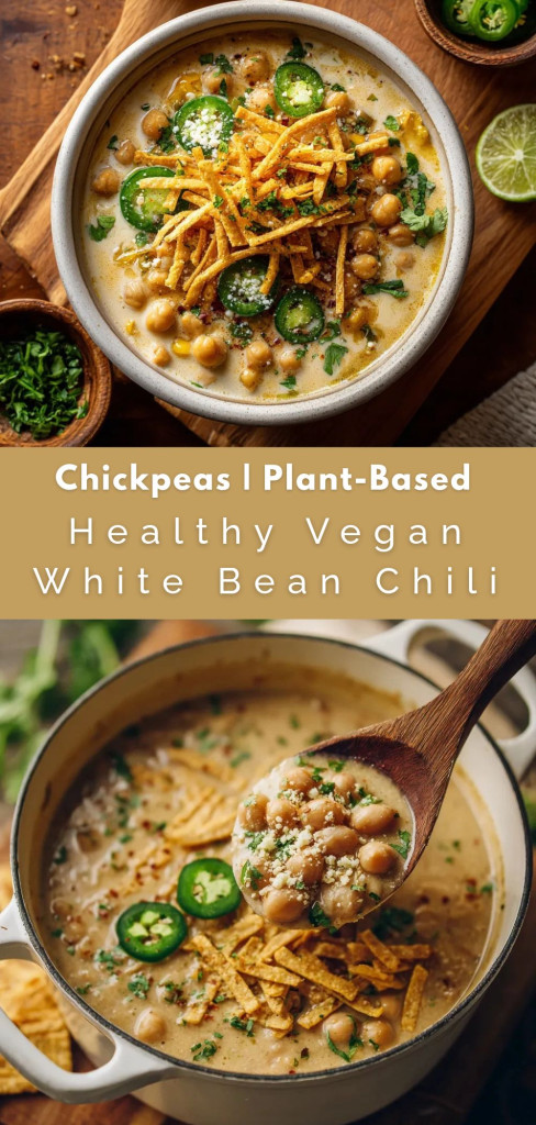 pinterest-ready image of a bowl of chickpea white chili