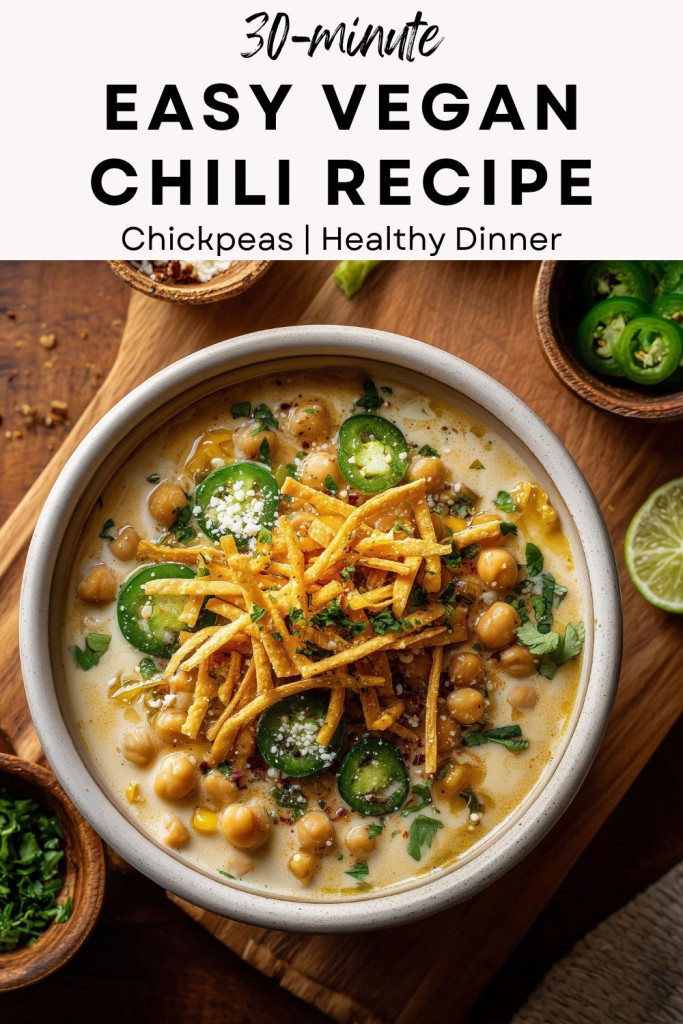 pinterest-ready image of a bowl of chickpea white chili