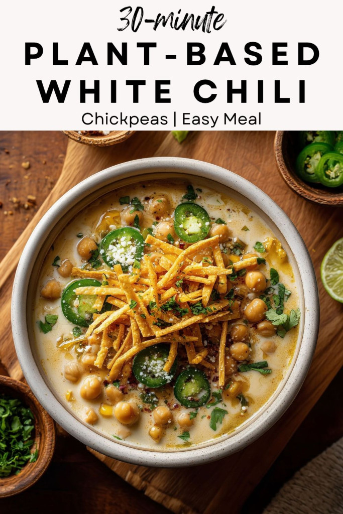 pinterest-ready image of a bowl of creamy vegan chickpea white chili topped with jalapeño slices, tortilla strips, and fresh herbs