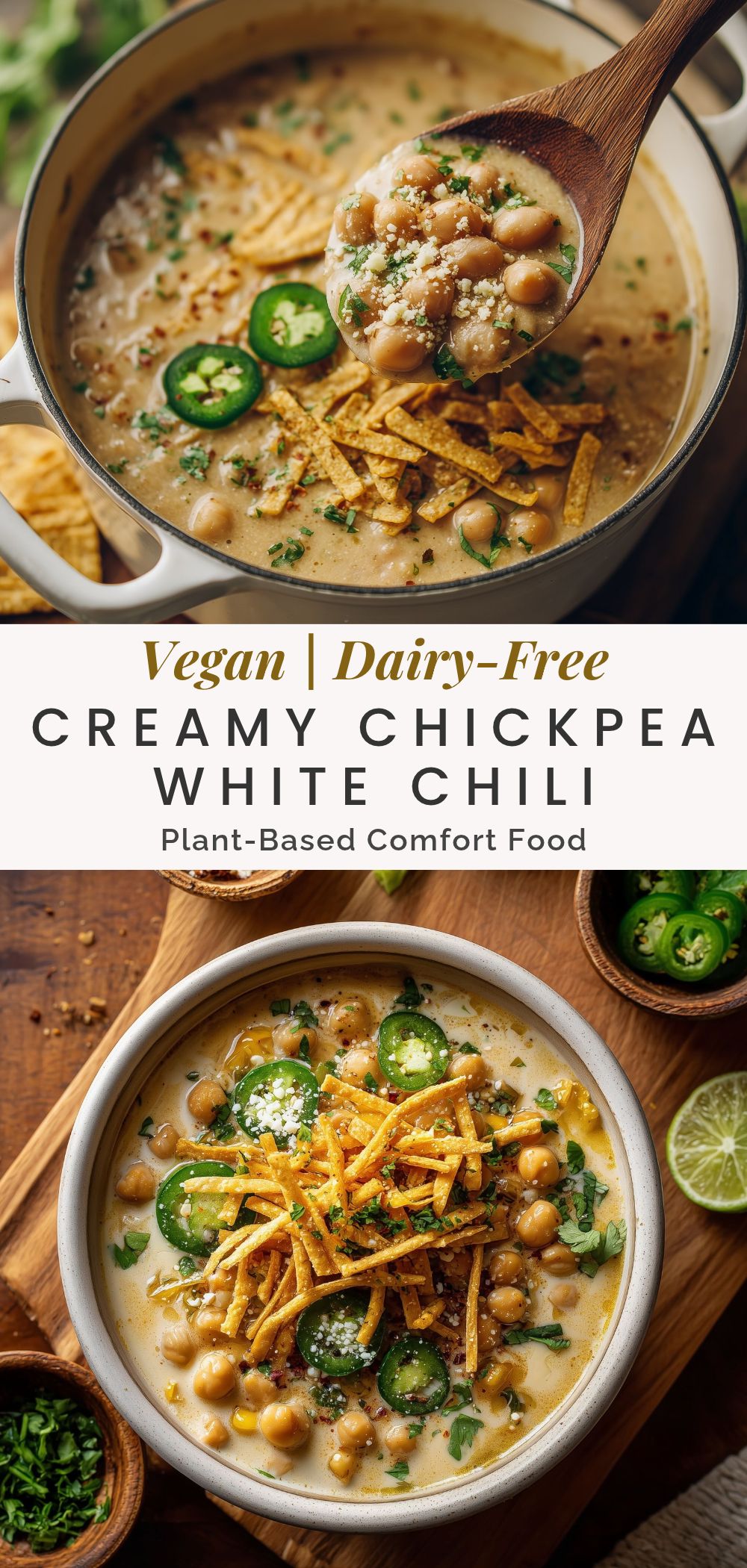 pinterest-ready image of a bowl of chickpea white chili