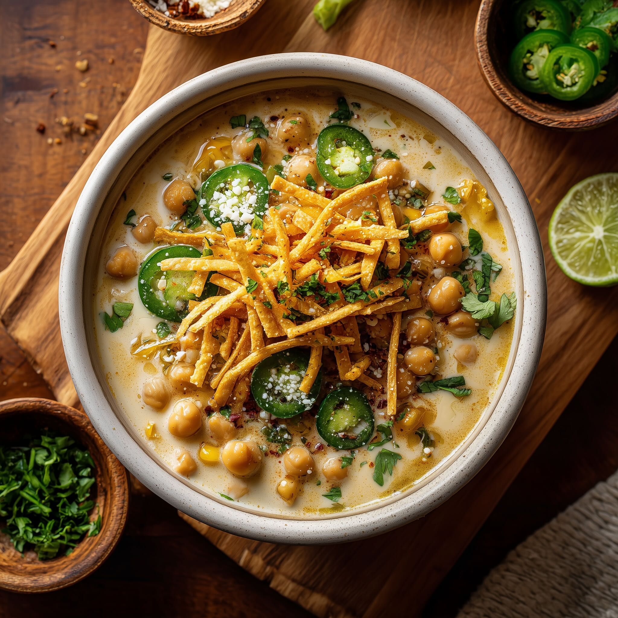 Bowl of creamy vegan chickpea white chili topped with jalapeño slices, tortilla strips, and fresh herbs