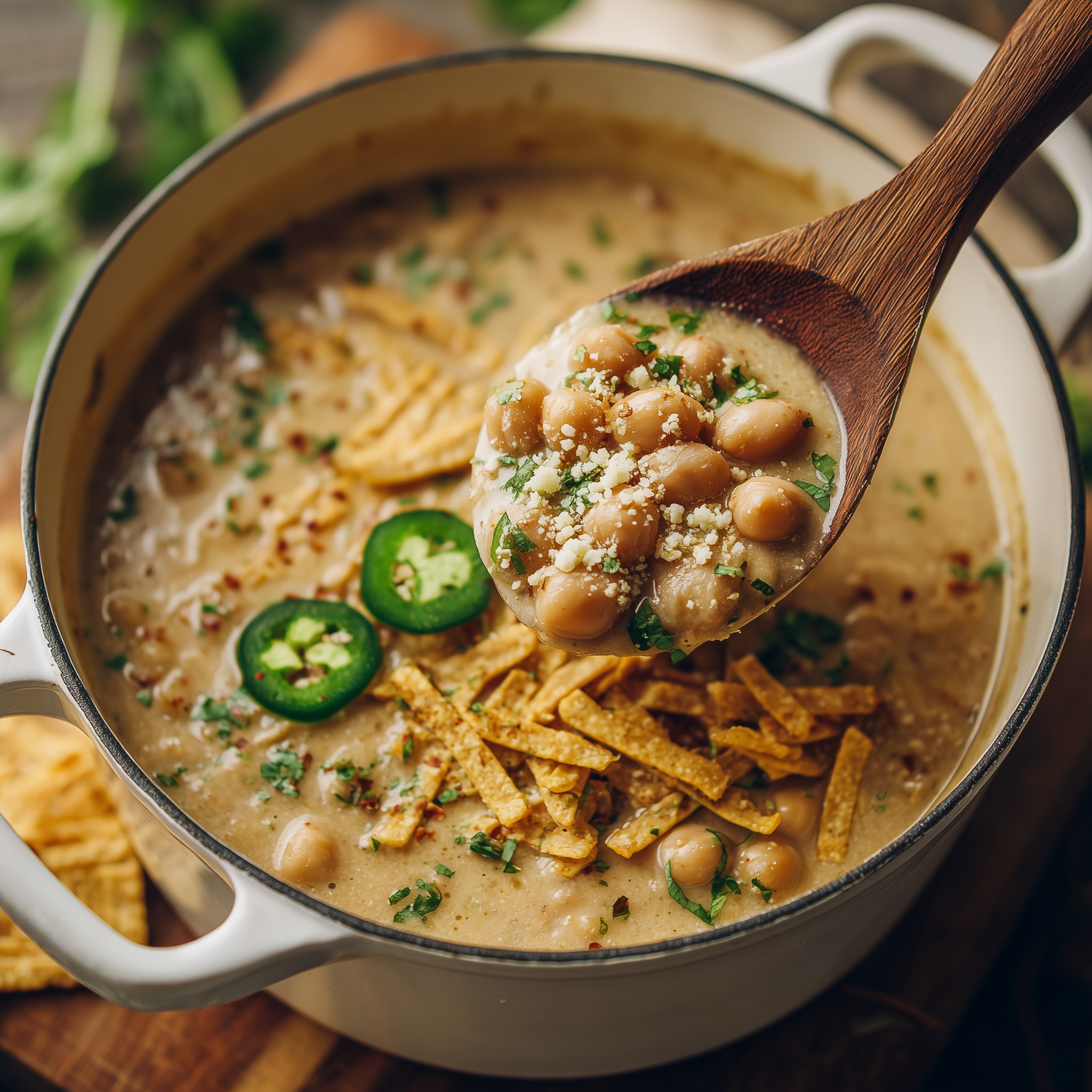 Wooden spoon dipping into creamy vegan chickpea white chili showing thick, hearty texture