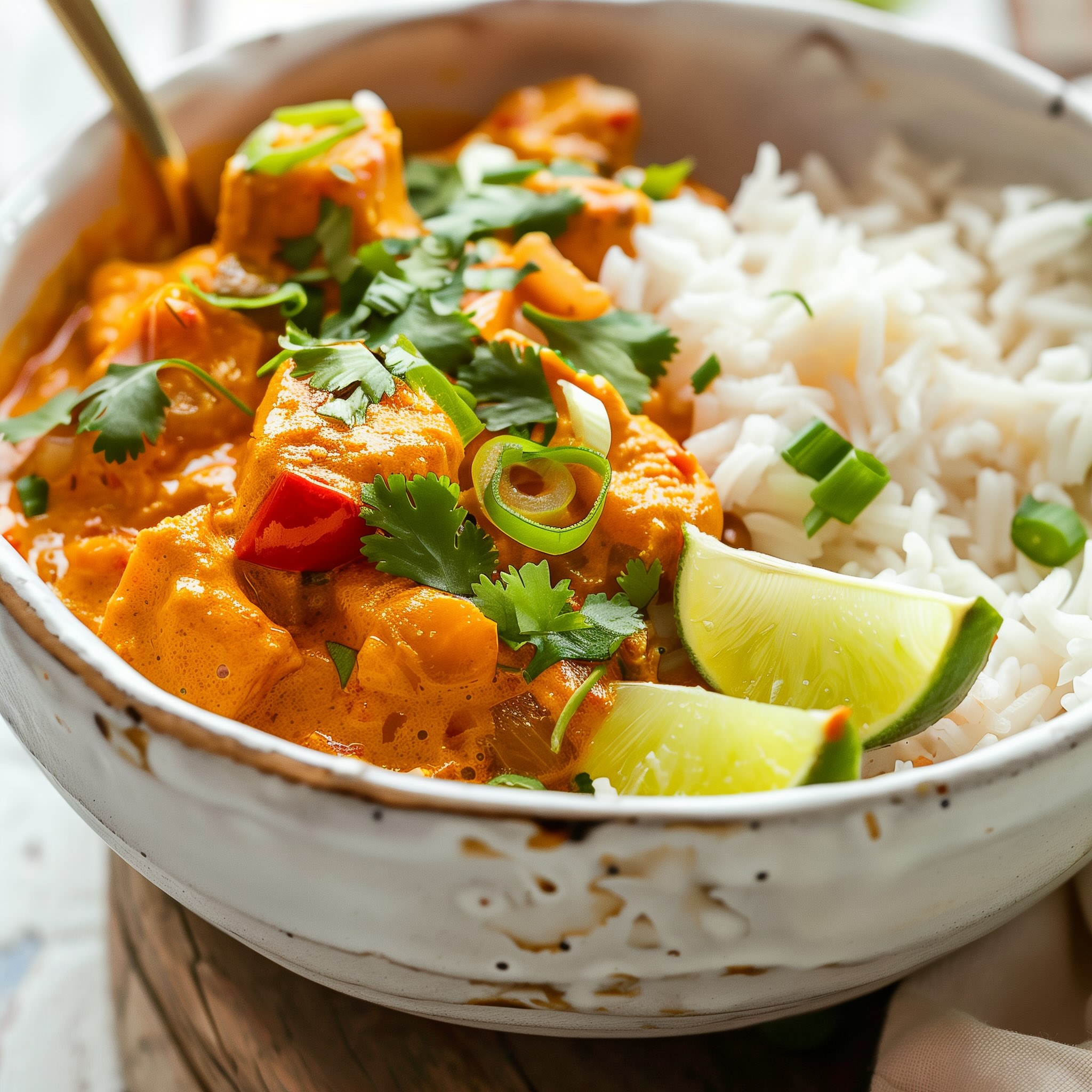 Bowl of vegan coconut curry over basmati rice garnished with lime and cilantro.