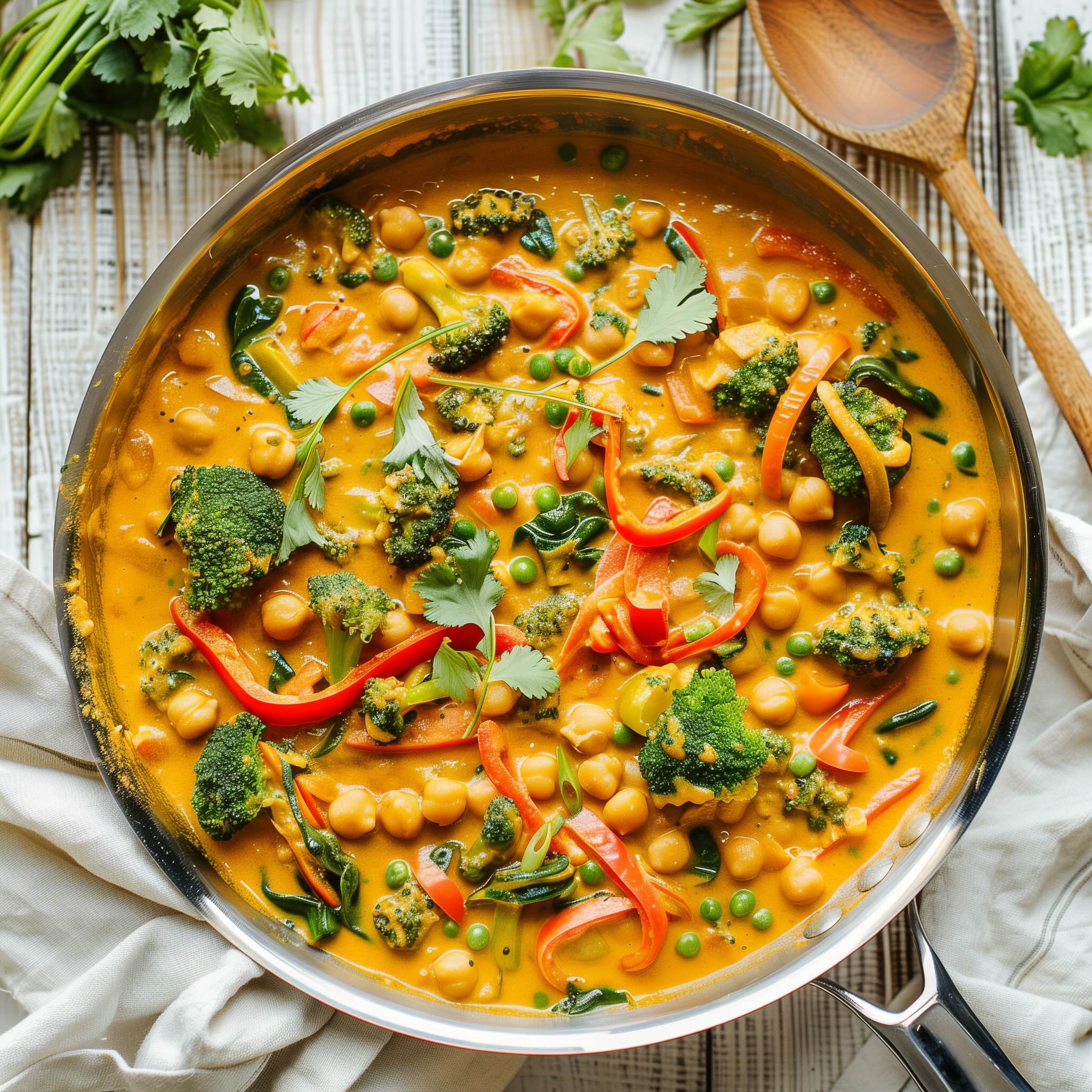 Overhead view of vegan coconut curry in a skillet with chickpeas, broccoli, and red bell peppers in a golden coconut milk sauce.