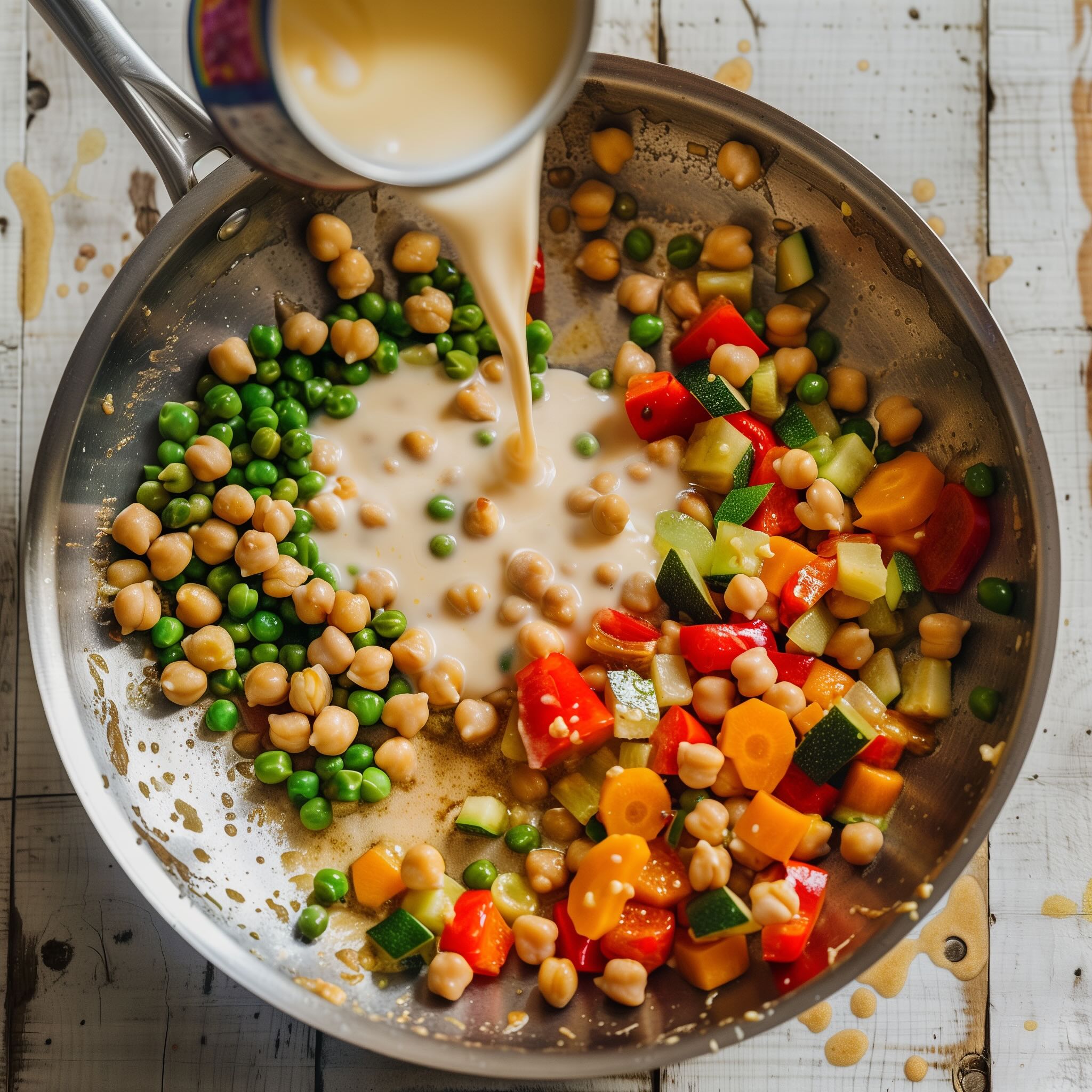 Coconut milk being poured into a skillet of curry vegetables and chickpeas.