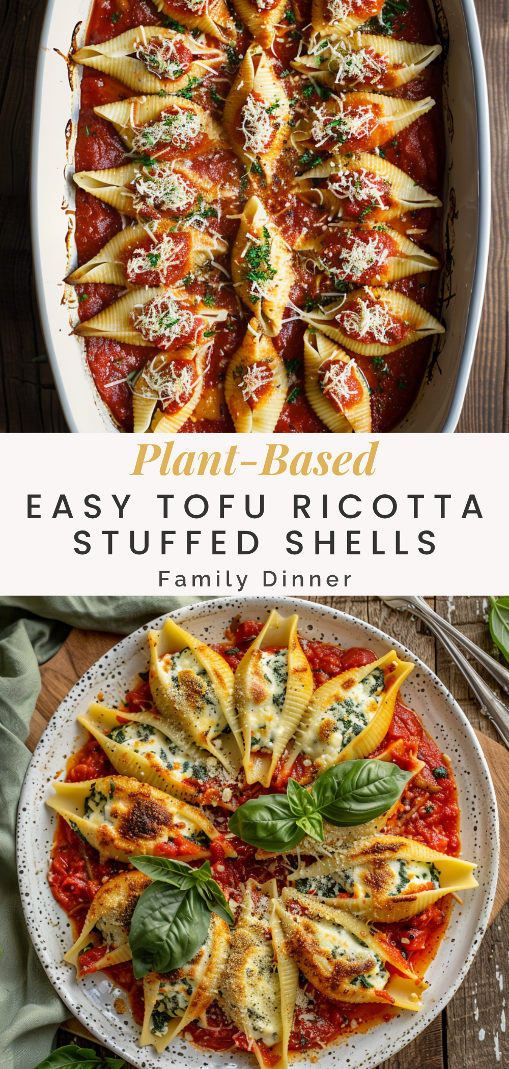 pinterest-ready image of tofu ricotta stuffed shells