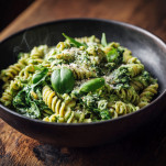 Close-up of creamy green spinach tofu pasta topped with fresh basil in a dark bowl