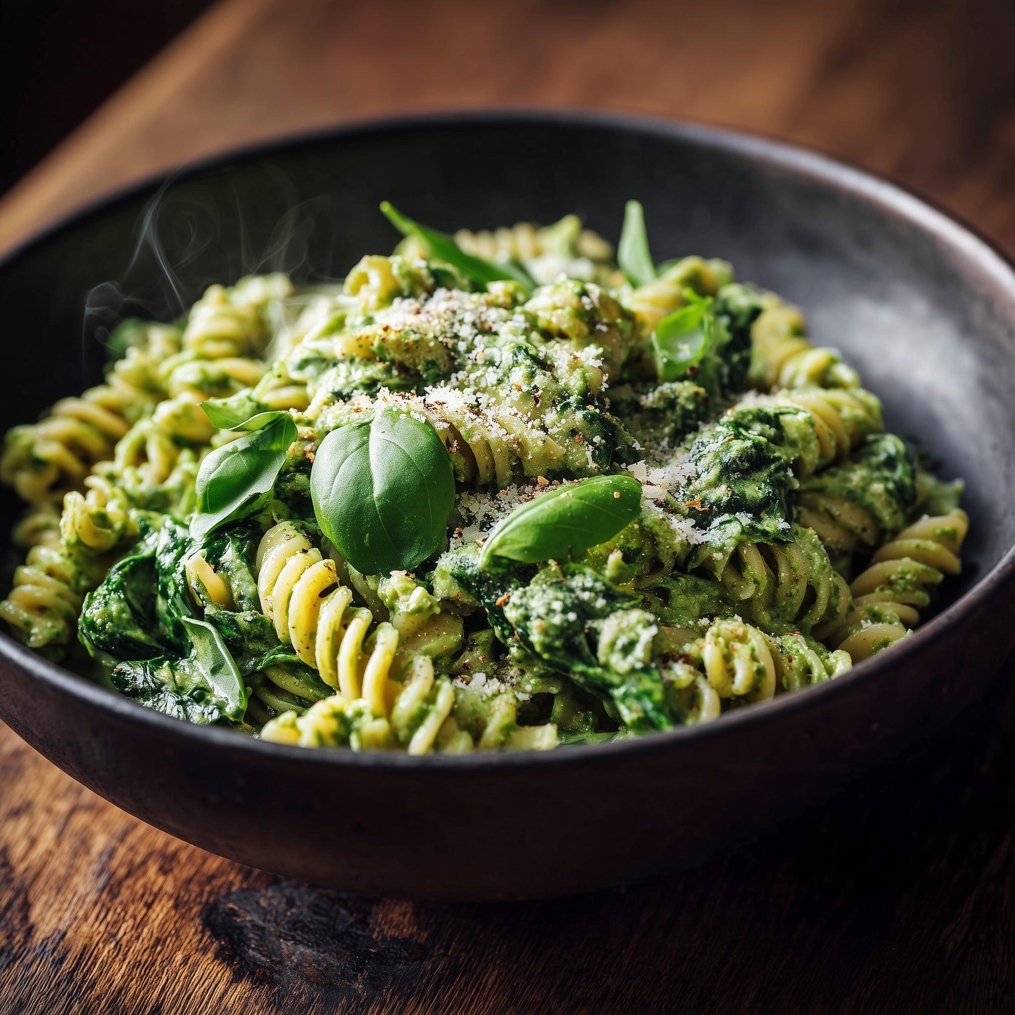 Close-up of creamy green spinach tofu pasta topped with fresh basil in a dark bowl